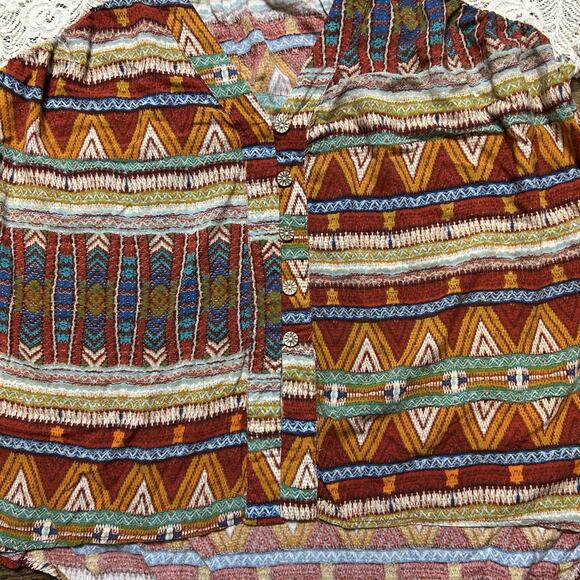 BKE Shirt Womens Large Lace Sleeve Button Up Aztec Southwest Boho Western - Picture 5 of 11